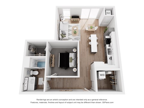 A 3D floor plan of a small apartment with a kitchen, living room, and bathroom.